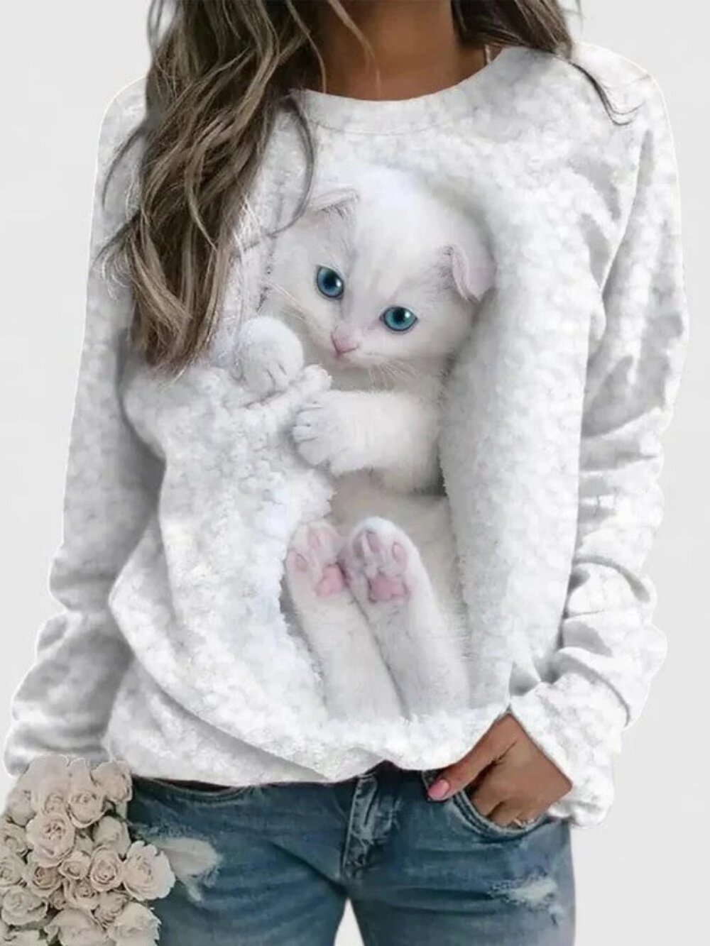 Cute White Kitten Graphic Sweater Soft Fuzzy Long Sleeve Women Medium